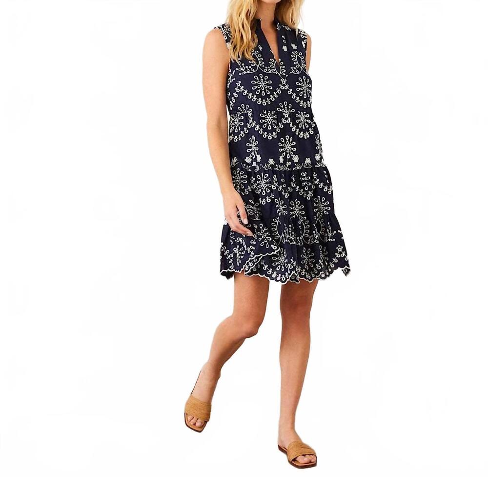 NEW KAREN KANE sleeveless eyelet dress - petite in navy with off white